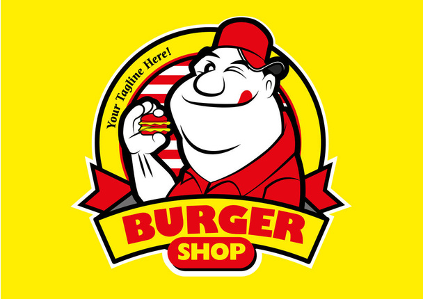 Karikatur glücklicher dicker Mann, der einen Burger isst. Vektor Maskottchen Charakter Logo Illustration - Vektor, Bild