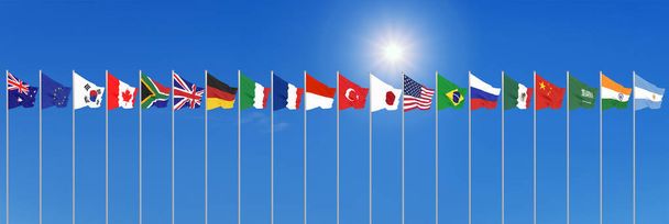 Розмахуючи прапори країни членів групи двадцять. Велика G20 в Японії в 2020. Блакитне тло неба. 3D-рендерінг. Ілюстрації. - Фото, зображення