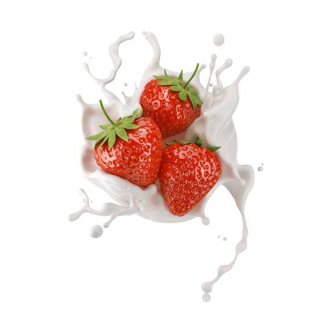Erdbeeren mit Milchspritzer oder Joghurtcreme, 3D-Illustration. - Foto, Bild