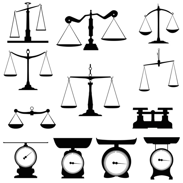 Set of black silhouettes of different scales, Libra, and weigher - Vector, Image