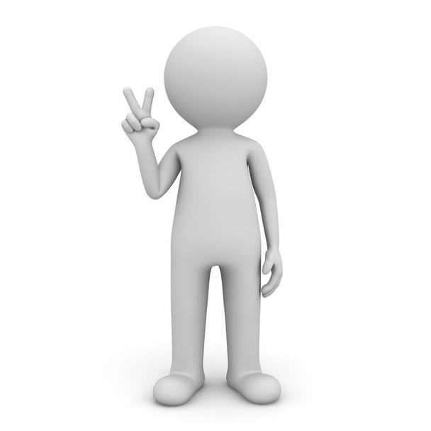 3d man standing and showing victory sign gesture isolated over white background with shadow 3D rendering - Photo, Image
