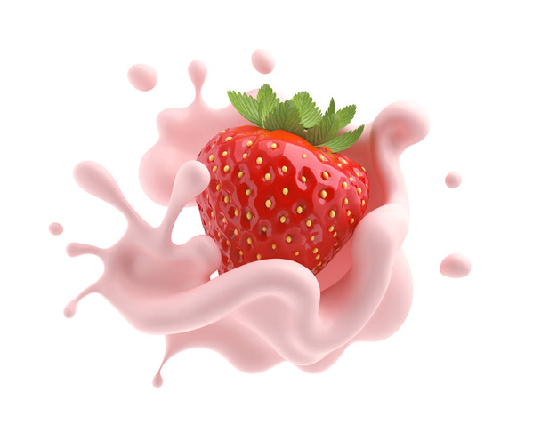 Φράουλα που πέφτει σε ροζ γάλα ή σάλτσα γιαουρτιού, 3D εικονογράφηση. - Φωτογραφία, εικόνα