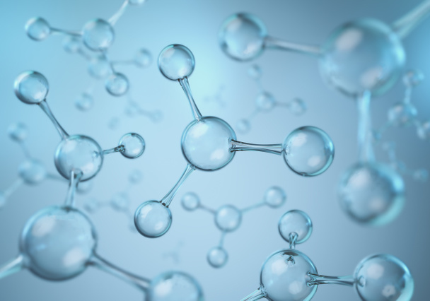 Abstrakte blaue Atom- oder Molekülstruktur für Wissenschaft oder medizinischen Hintergrund, 3D-Illustration. - Foto, Bild