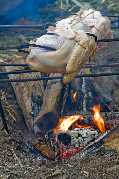 Turkeys roasting over an open fire - Photo, Image