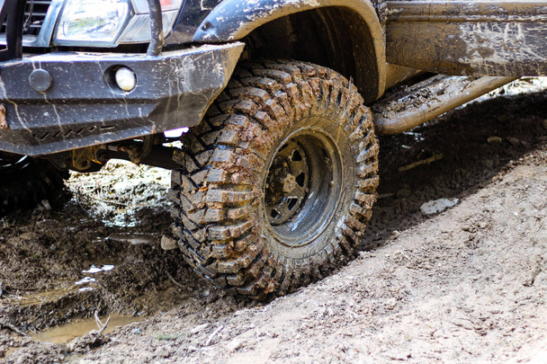 Ruedas en el pantano. Offroad en Jeep en las montañas Cárpatos
 - Foto, Imagen