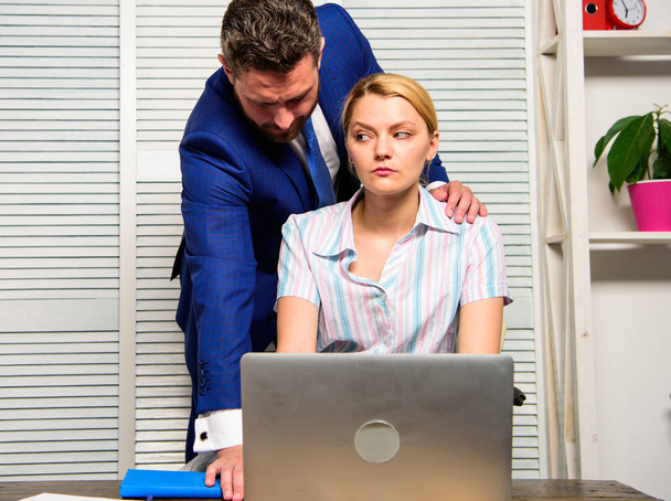 Harassment concept. Silence breaker against harassment. Unacceptable behavior at workplace. Banned relations at work. Sexual harassment at workplace. Woman office manager suffer sexual harassment - Foto, Imagen