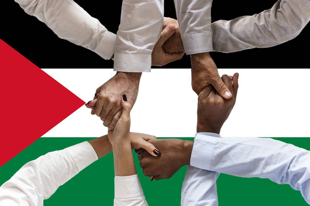 Flag of the State of Palestine, intergration of a multicultural group of young people - Photo, Image