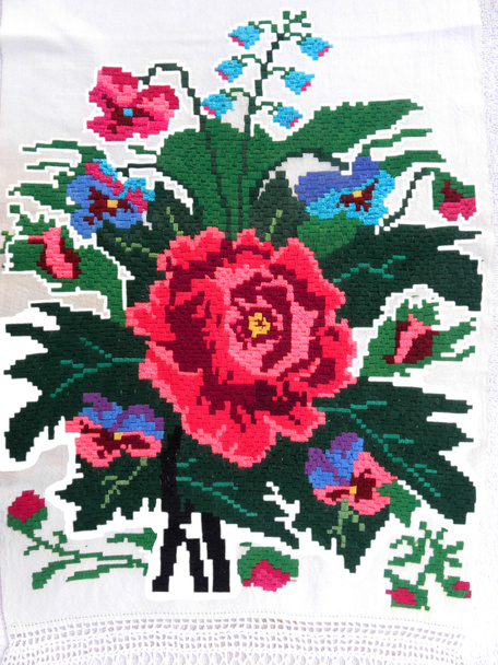 embroidered bouquet of beautiful flowers isolated on white background, decor element, Ukrainian folk embroidery - Photo, Image