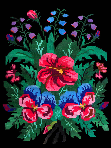 embroidered bouquet of beautiful flowers isolated on black background, decor element, Ukrainian folk embroidery - Photo, Image