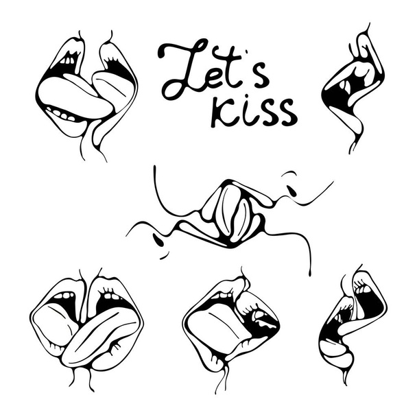 Lets kiss. Lips kissing close-up. Digital illustration in black and white of two mouths joined in a kiss. - Vector, Image