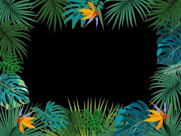 Vector tropical jungle frame with palm trees and leaves on black - Vector, Image