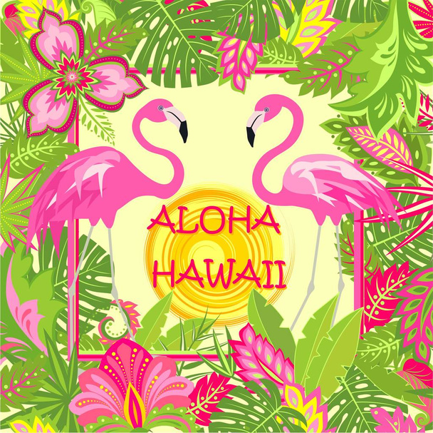 sommerlicher Mode-Print mit Alahawaii-Schriftzug, rosa Flamingos-Paar, tropischen Blättern, heißer Sonne und exotischen Blumen für Tasche, T-Shirt, Sommerparty-Poster und anderes Design - Vektor, Bild