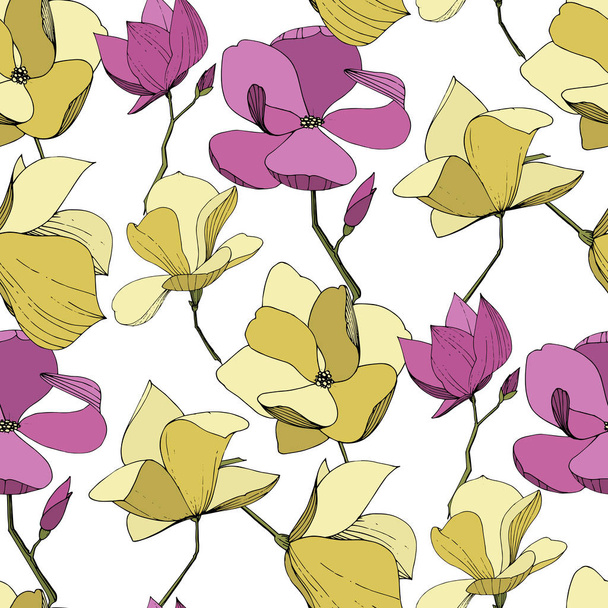 Vektori Magnolia kukka kasvitieteellinen kukkia. Violetti ja keltainen kaiverrettu muste taidetta. Saumaton taustakuvio
. - Vektori, kuva