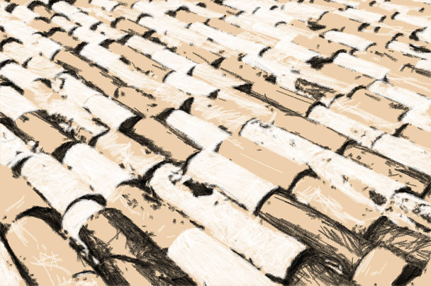 Stone cylindrical  tiles lying obliquely roof. Texture artistic drawing. Char coal fine details style. - Photo, Image