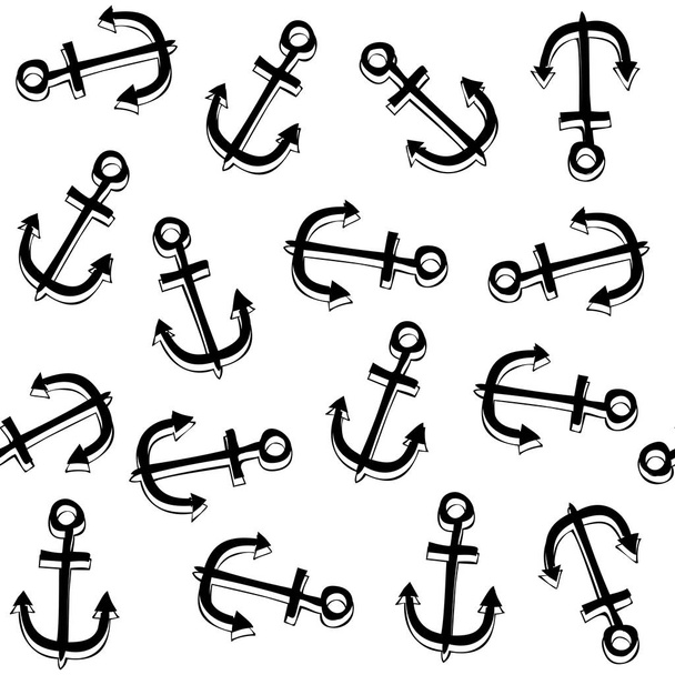 black anchors on white background messy monochrome nautical seamless  pattern - Vector, Imagen