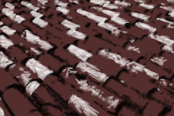 斜めの屋根に横たわっている石の円筒形のタイル。テクスチャ芸術的な描画。レンガの壁スタイルの炭bw. - 写真・画像