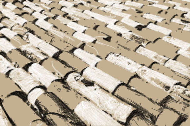 Кам'яна циліндрична плитка, що лежить на конічному даху. Текстура художнього малюнка. Вугілля і крейда стиль
. - Фото, зображення