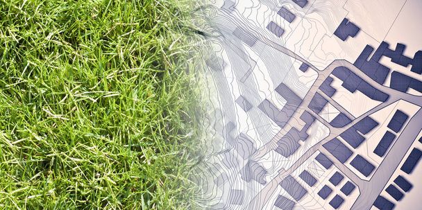 von der Natur zu einer neuen Stadt - Konzeptbild mit grünem Gras - Foto, Bild