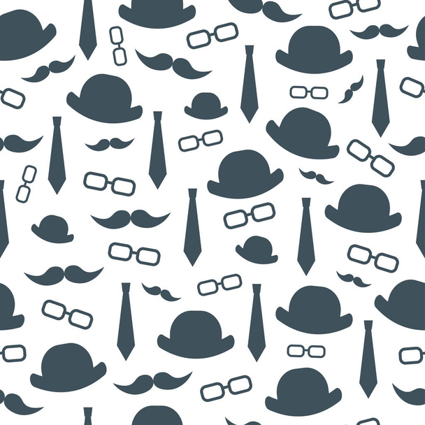 Background of men's hat, glasses, tie, mustache. Seamless background.Illustration. Father's day.Elements of a gentleman. - Photo, Image