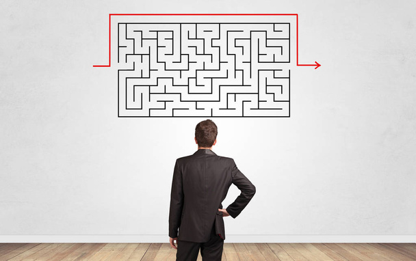 Businessman looking to a maze on a wall - Photo, Image