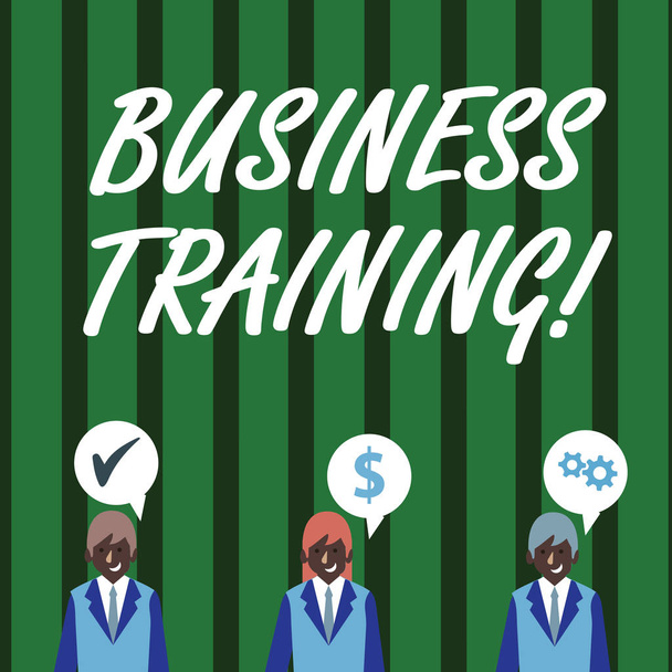 Text sign showing Business Training. Conceptual photo increasing the knowledge and skills of the workforce Businessmen Each has their Own Speech Bubble with Optimization Cost Icons. - Photo, Image