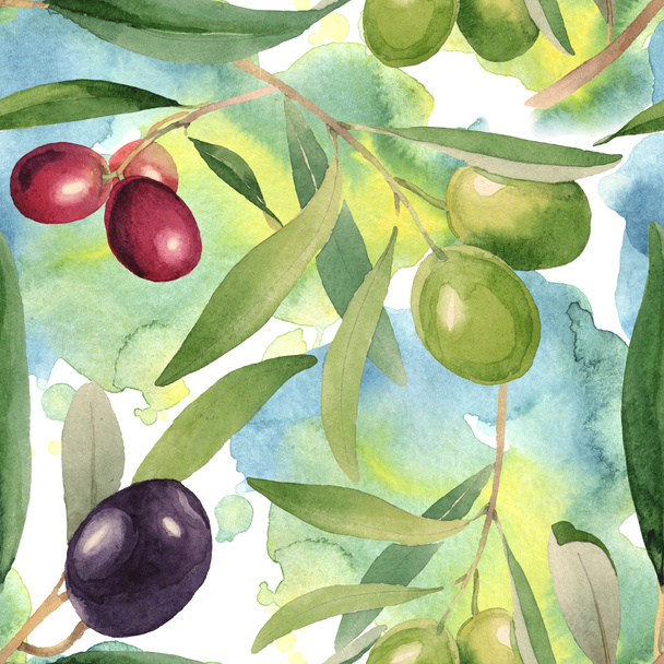 Fresh olives with green leaves isolated on white watercolor background illustration elements. Seamless background pattern.  - Photo, Image