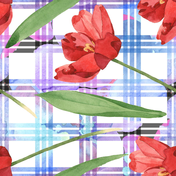 Red tulips with green leaves on white plaid background. Watercolor illustration set. Seamless background pattern. - Foto, Imagem