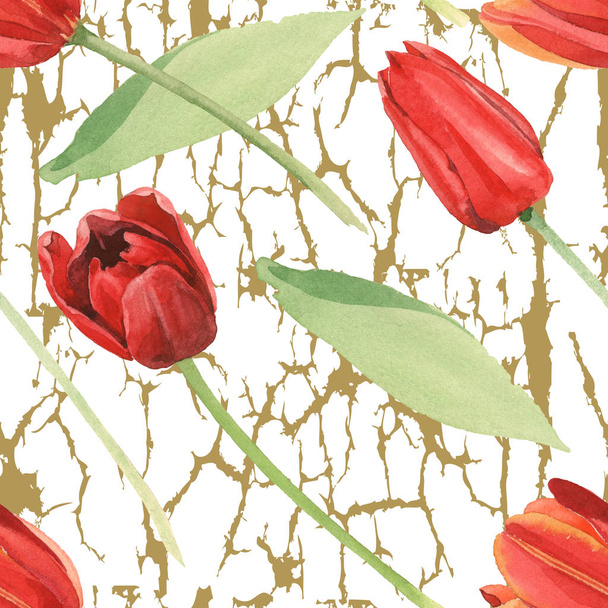 Red tulips with green leaves on white textured background. Watercolor illustration set. Seamless background pattern. - Foto, Bild