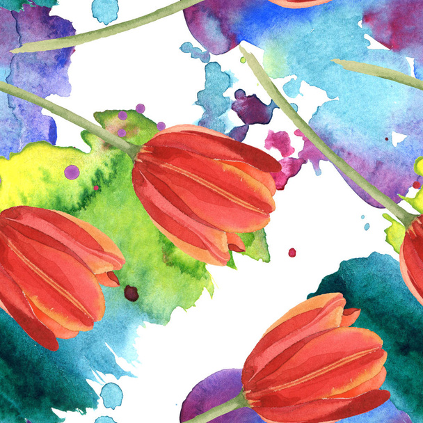 Red tulips and paint spills. Watercolor illustration set. Seamless background pattern. - Photo, Image