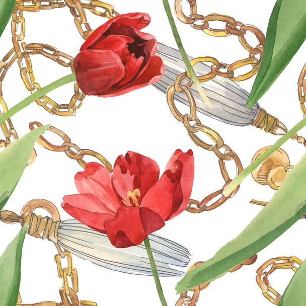 Červené tulipány se zelenými listy a řetězy izolované na bílém. Akvarel na obrázku. Bezespání vzorek pozadí. - Fotografie, Obrázek