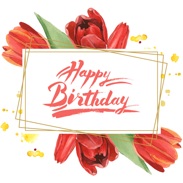 Rode tulpen met groene bladeren geïsoleerd op wit. Aquarel achtergrond illustratie instellen. Frame met bloemen en Happy Birthday inscriptie. - Foto, afbeelding