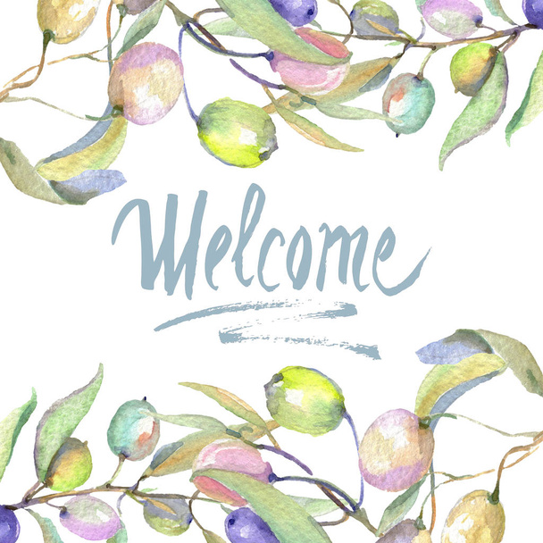 Olive branches with green fruit and leaves isolated on white. Watercolor background illustration set. Frame ornament with welcome lettering. - Fotó, kép