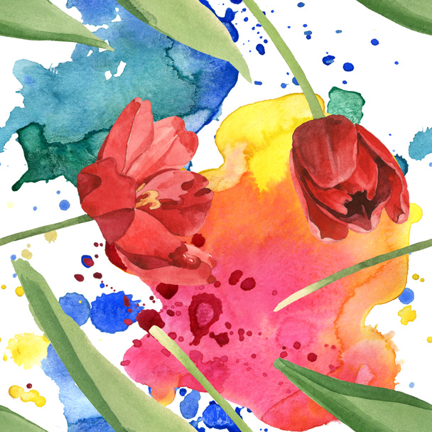 Red tulips with green leaves and paint spills. Watercolor illustration set. Seamless background pattern. - Fotoğraf, Görsel