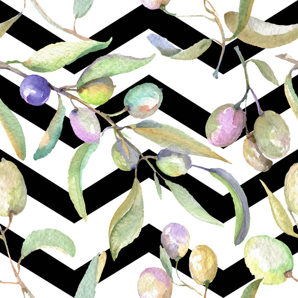 Olive branches with green fruit and leaves. Watercolor background illustration set. Seamless background pattern.  - 写真・画像