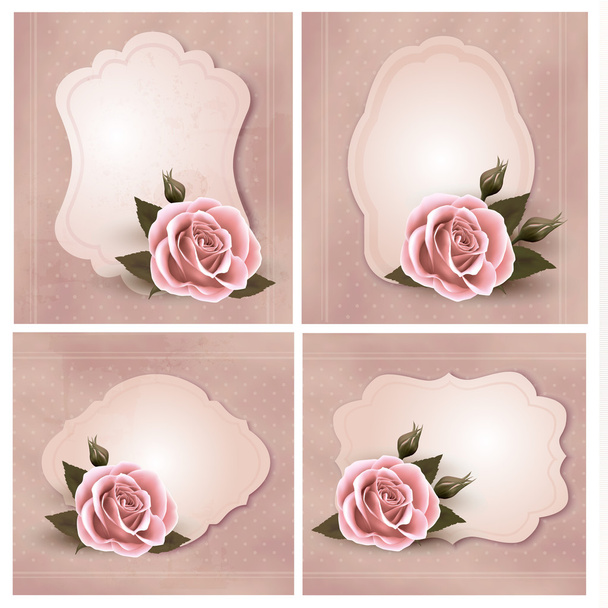 Collection of retro greeting cards with pink rose. Vector illust - Vector, Imagen
