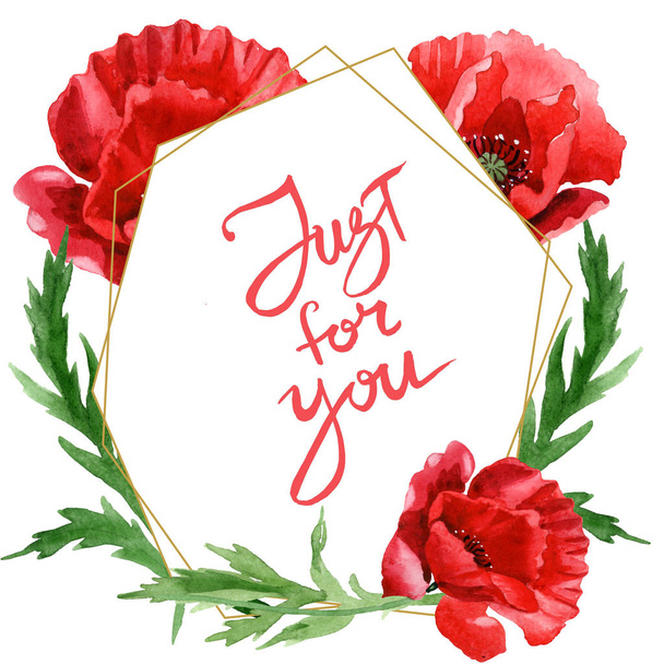 Red poppies isolated on white. Watercolor background illustration set. Frame ornament with just for you lettering. - Fotoğraf, Görsel