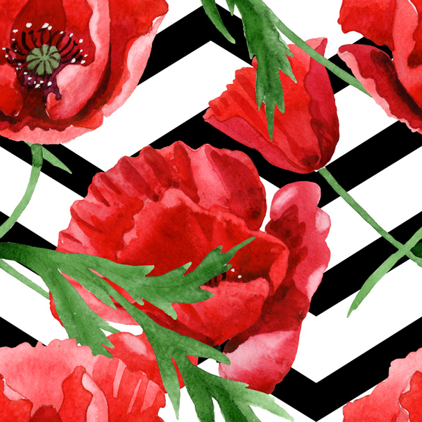 Red poppies with green leaves watercolor illustration set. Seamless background pattern.  - Photo, Image