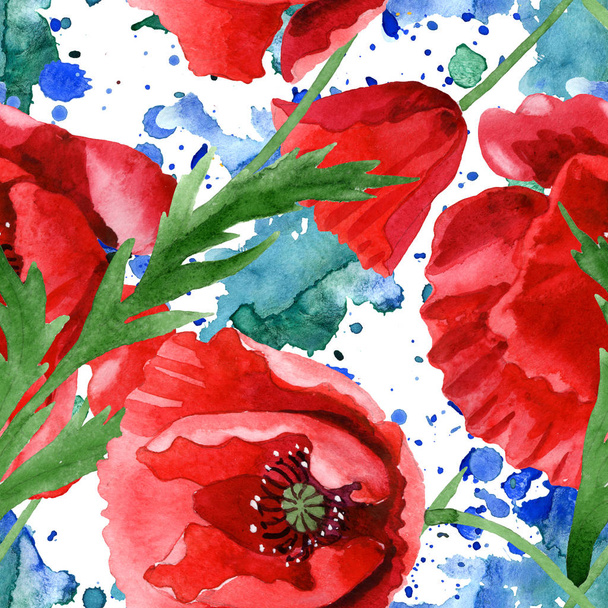 Red poppies with green leaves watercolor illustration set. Seamless background pattern.  - Фото, зображення