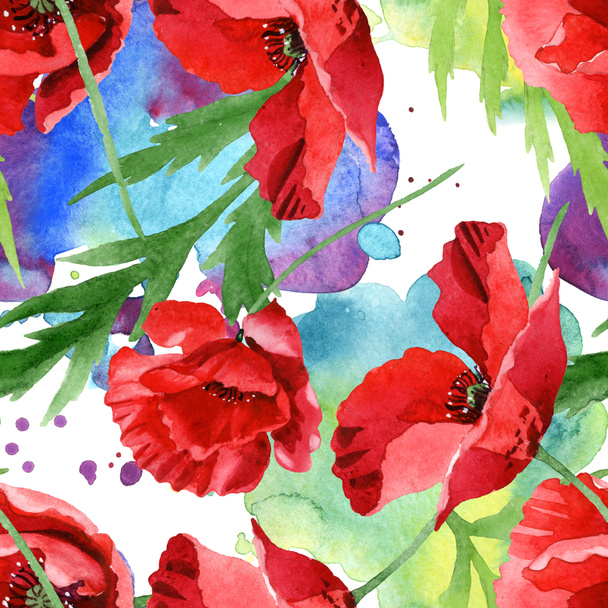 Red poppies with green leaves watercolor illustration set. Seamless background pattern.  - Fotoğraf, Görsel