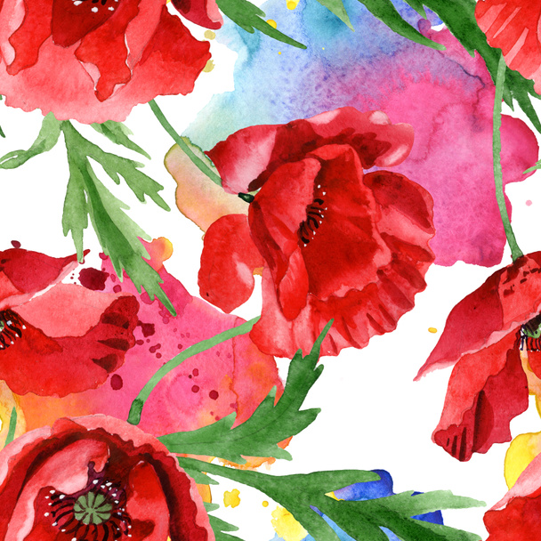 Red poppies with green leaves watercolor illustration set. Seamless background pattern.  - Fotoğraf, Görsel