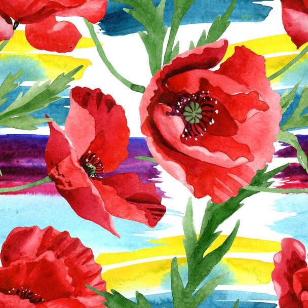 Red poppies with green leaves watercolor illustration set. Seamless background pattern.  - 写真・画像