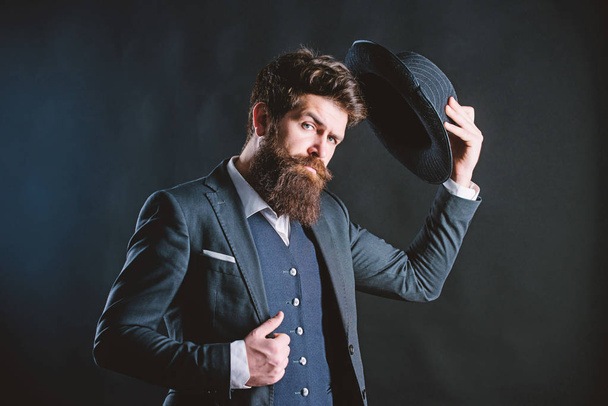 welcome on board. Businessman in suit. Secret shy. Male formal fashion. Detective in hat. Mature hipster with beard. Bearded man gentleman. brutal caucasian hipster with moustache - Fotografie, Obrázek