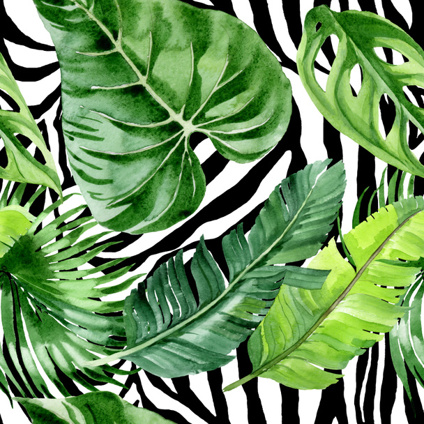 Hojas exóticas de palmera hawaiana tropical. Conjunto de ilustración de fondo acuarela. Patrón de fondo sin costuras
.  - Foto, Imagen