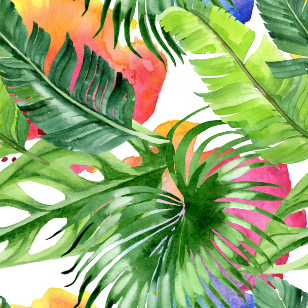 Exotic tropical hawaiian palm tree leaves. Watercolor background illustration set. Seamless background pattern.  - Fotografie, Obrázek