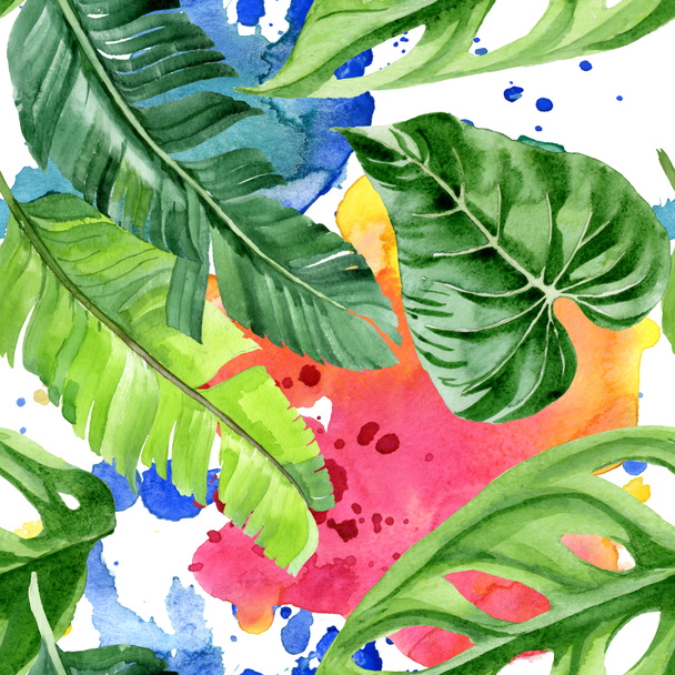Exotic tropical hawaiian palm tree leaves. Watercolor background illustration set. Seamless background pattern.  - Valokuva, kuva