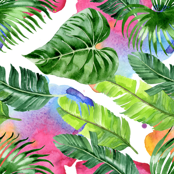 Exotic tropical hawaiian palm tree leaves. Watercolor background illustration set. Seamless background pattern.  - Foto, Bild