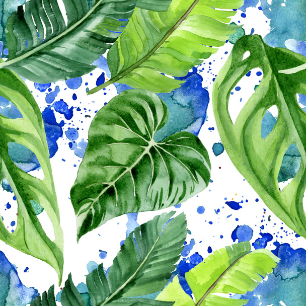 Exotic tropical hawaiian palm tree leaves. Watercolor background illustration set. Seamless background pattern.  - 写真・画像