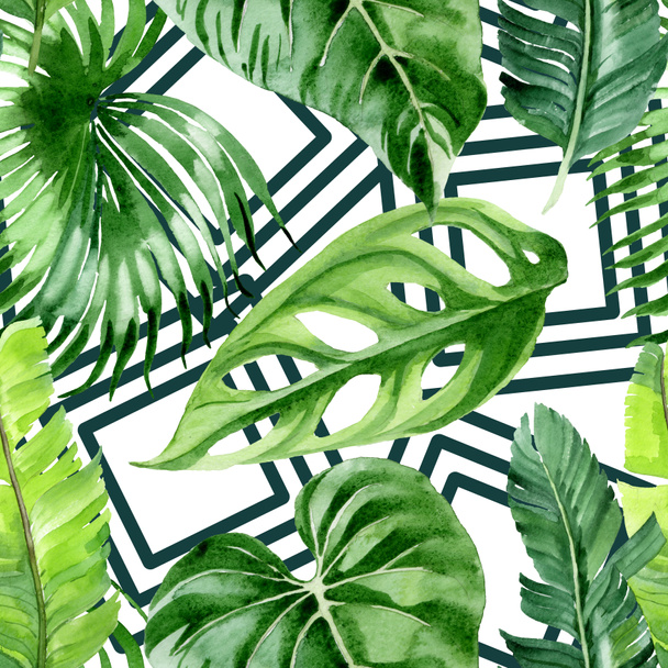 Exotic tropical hawaiian palm tree leaves. Watercolor background illustration set. Seamless background pattern.  - Фото, изображение