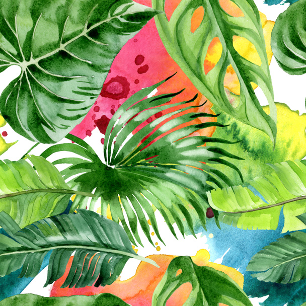 Exotic tropical hawaiian palm tree leaves. Watercolor background illustration set. Seamless background pattern.  - Fotoğraf, Görsel