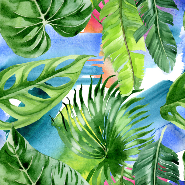Exotic tropical hawaiian palm tree leaves. Watercolor background illustration set. Seamless background pattern.  - 写真・画像